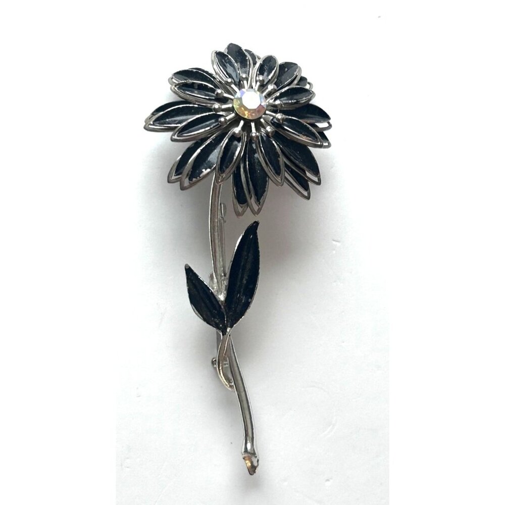 Vintage Coro Black Enamel Flower Brooch Rhinestone Silver Tone